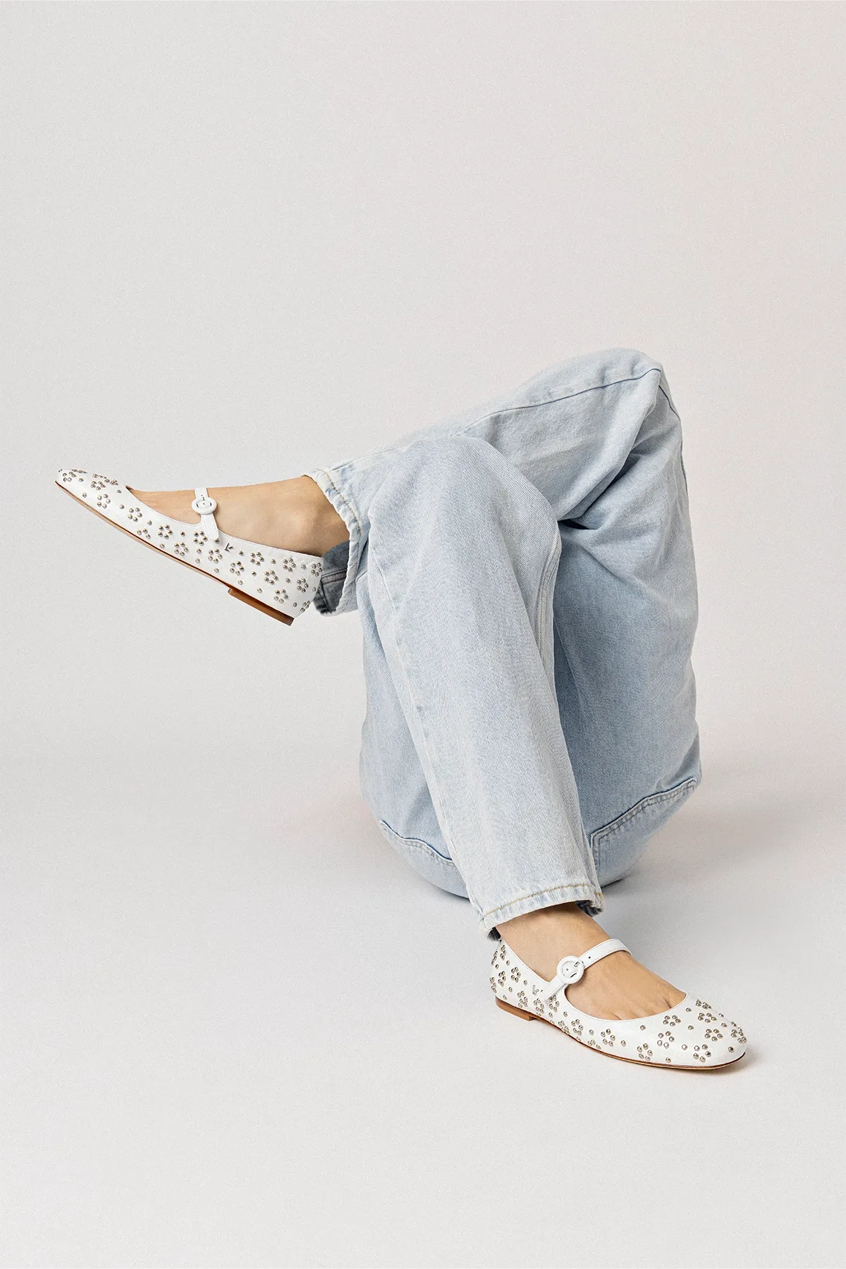 Blair Ballet Flat In White Leather and Metallic Studs