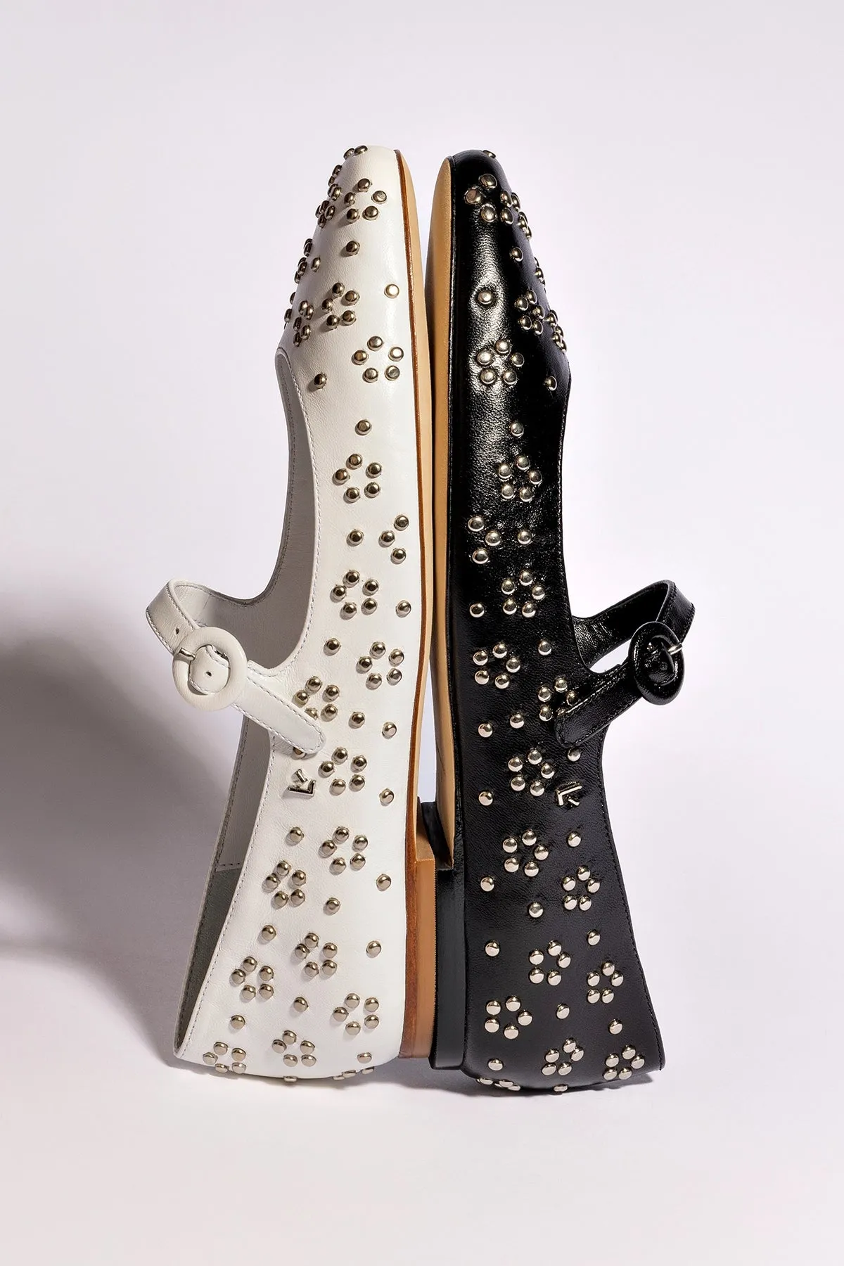 Blair Ballet Flat In White Leather and Metallic Studs