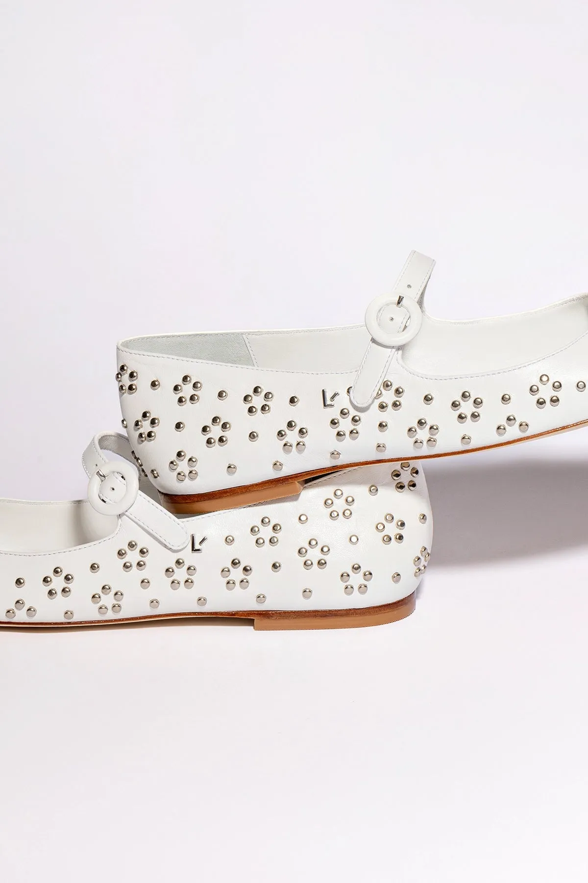 Blair Ballet Flat In White Leather and Metallic Studs