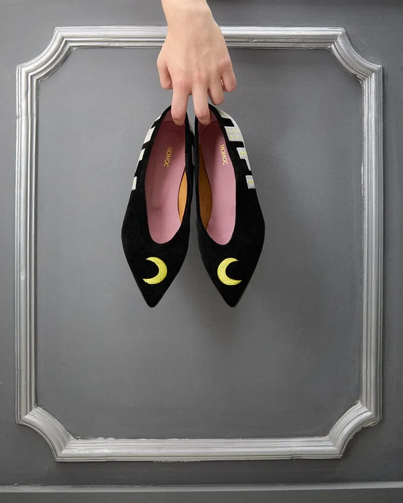 City by Night Vegan Embroidered Eco Suede Ballerinas | Black