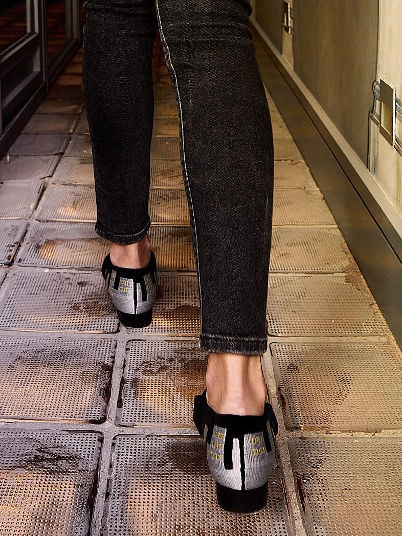 City by Night Vegan Embroidered Eco Suede Ballerinas | Black