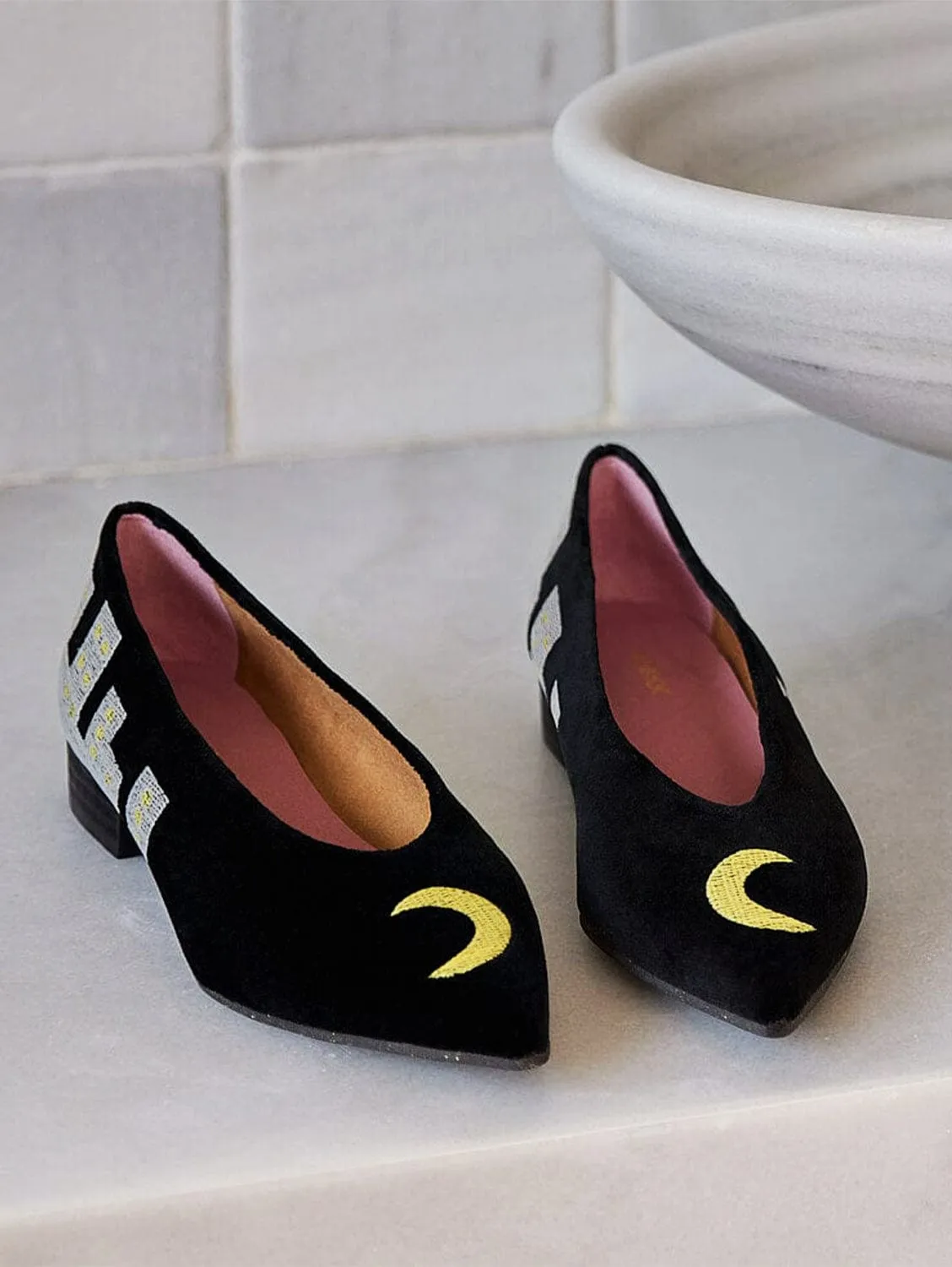 City by Night Vegan Embroidered Eco Suede Ballerinas | Black