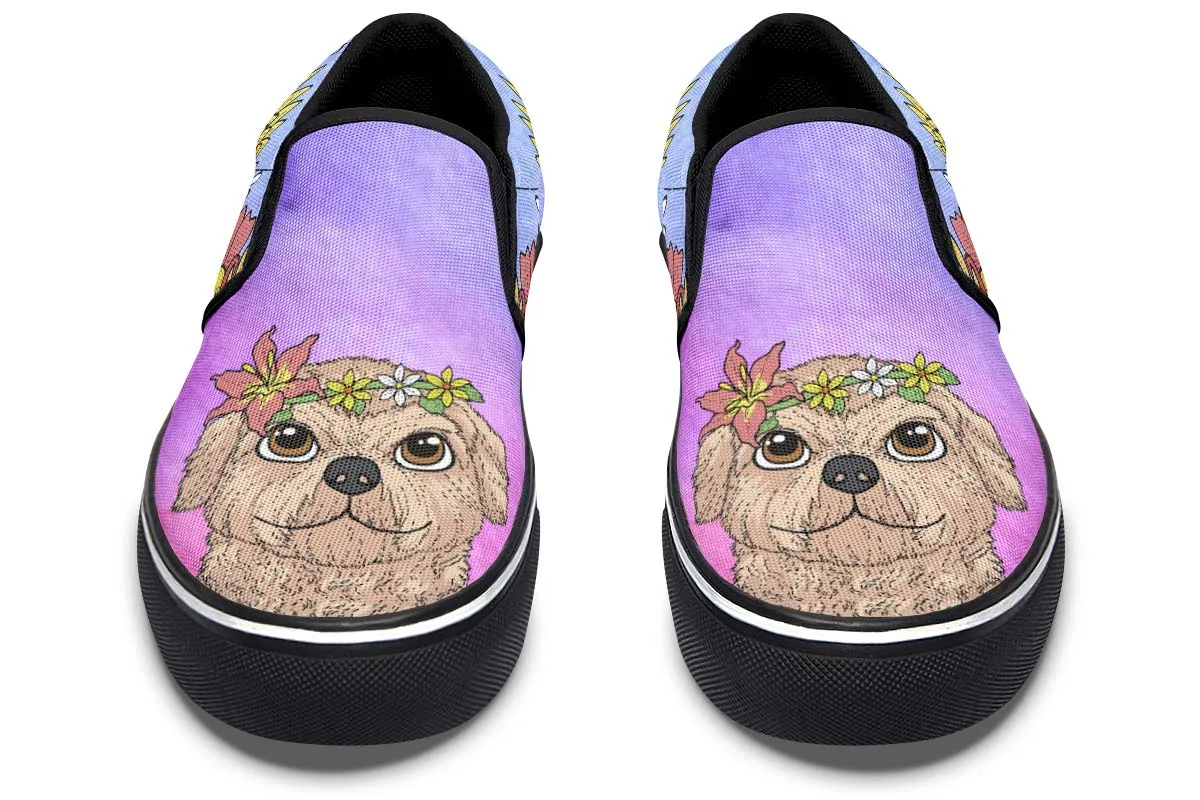 Fun Floral Golden Doodle Slip-On Shoes