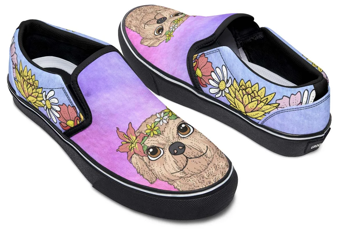 Fun Floral Golden Doodle Slip-On Shoes