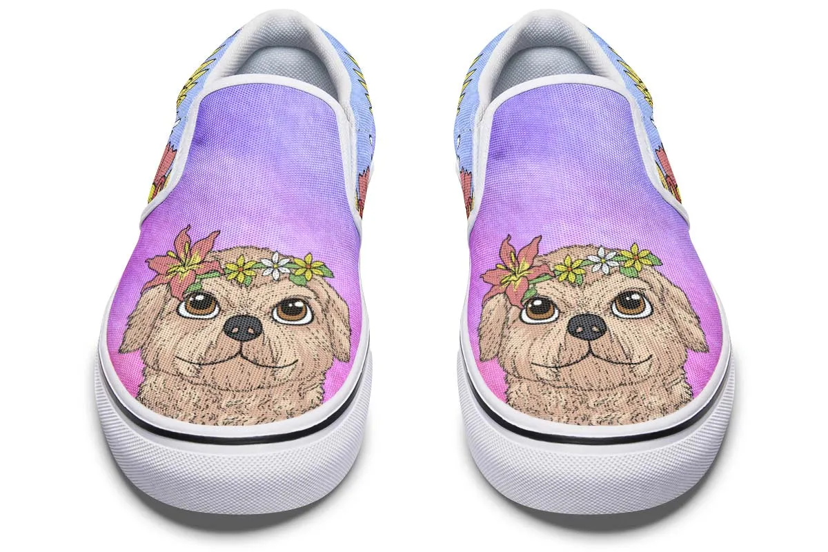 Fun Floral Golden Doodle Slip-On Shoes