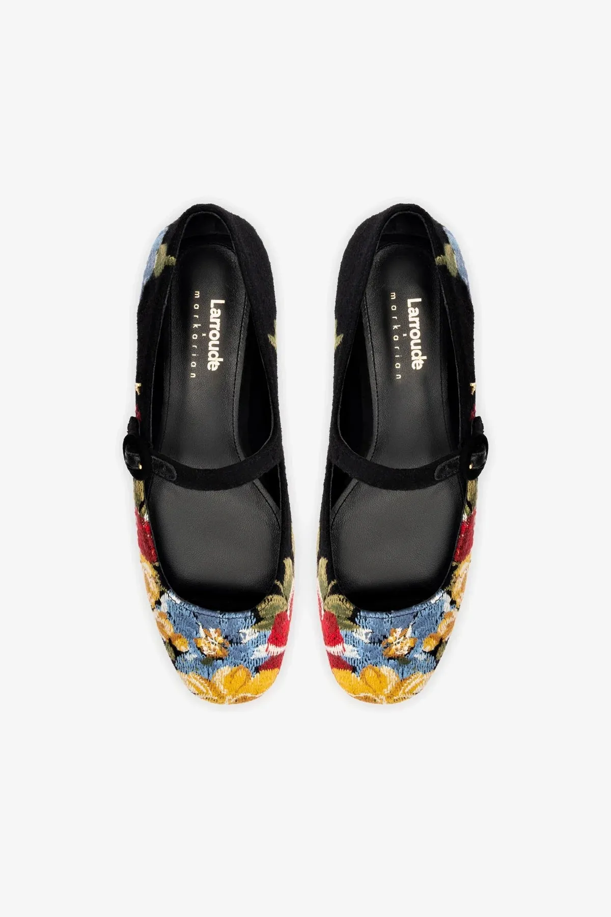 Larroudé x Markarian Flat In Black Wool and Floral Embroidery