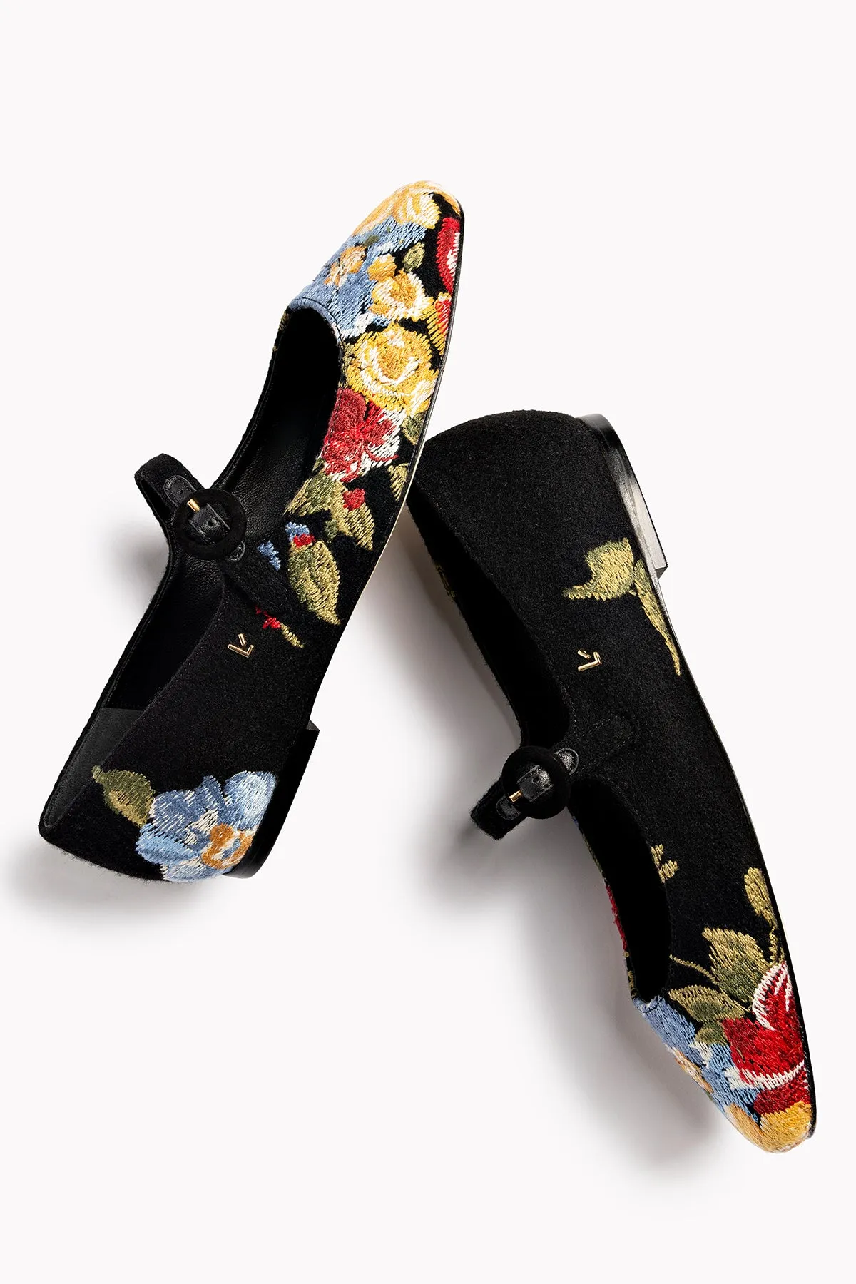 Larroudé x Markarian Flat In Black Wool and Floral Embroidery