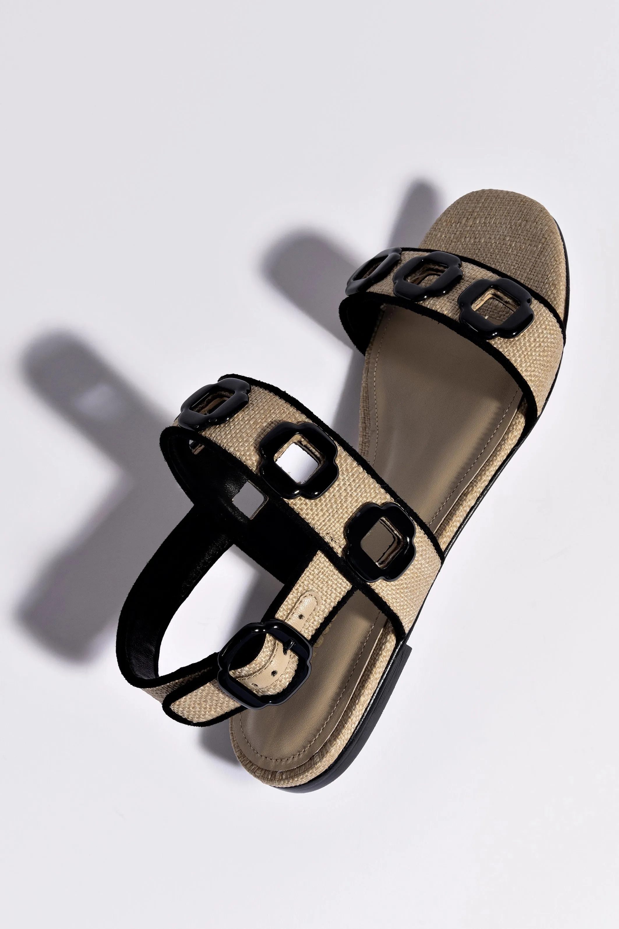 Milan Flat Sandal In Beige Raffia and Black Trimming
