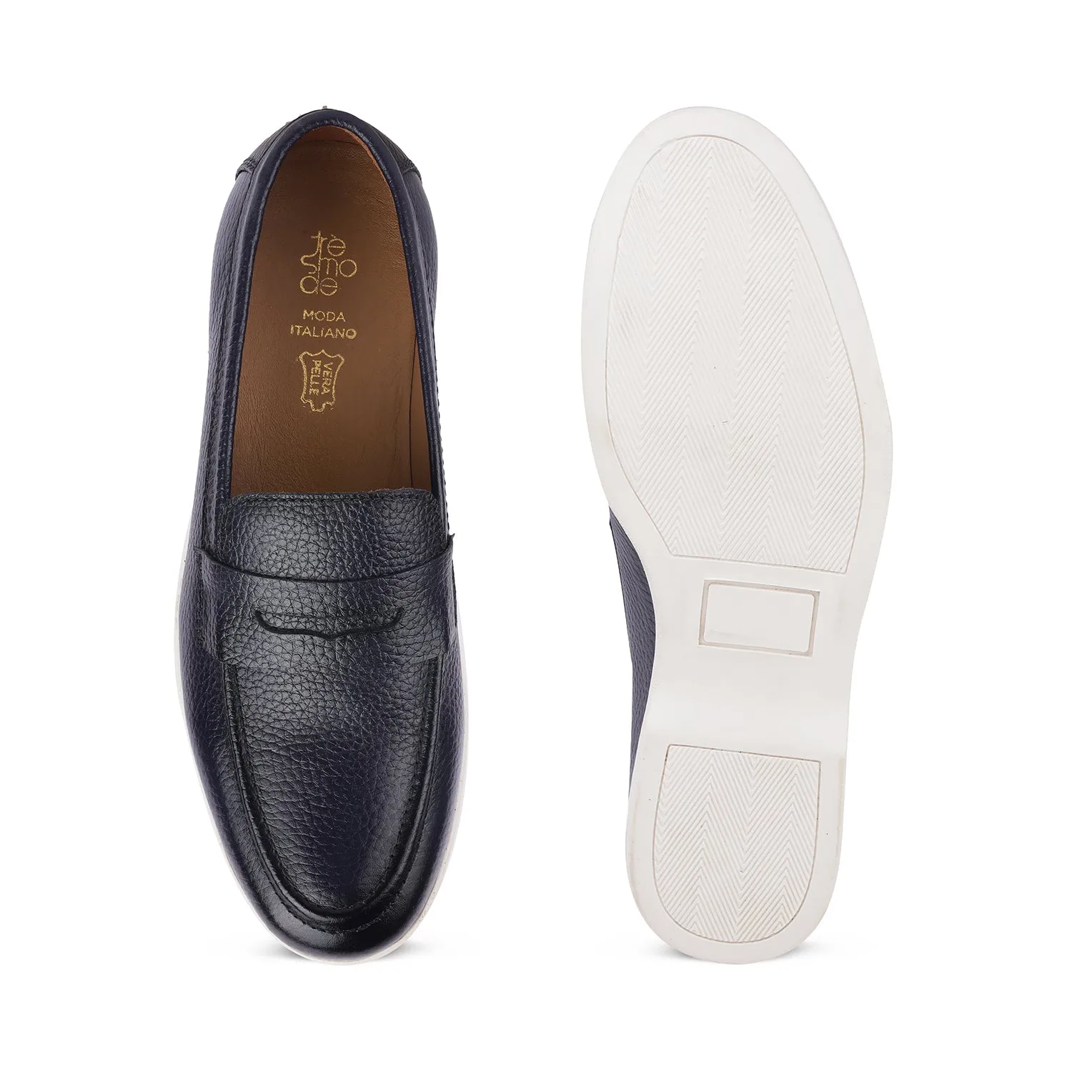 Tresmode Ferra Blue Men's Leather Driving Penny Loafers