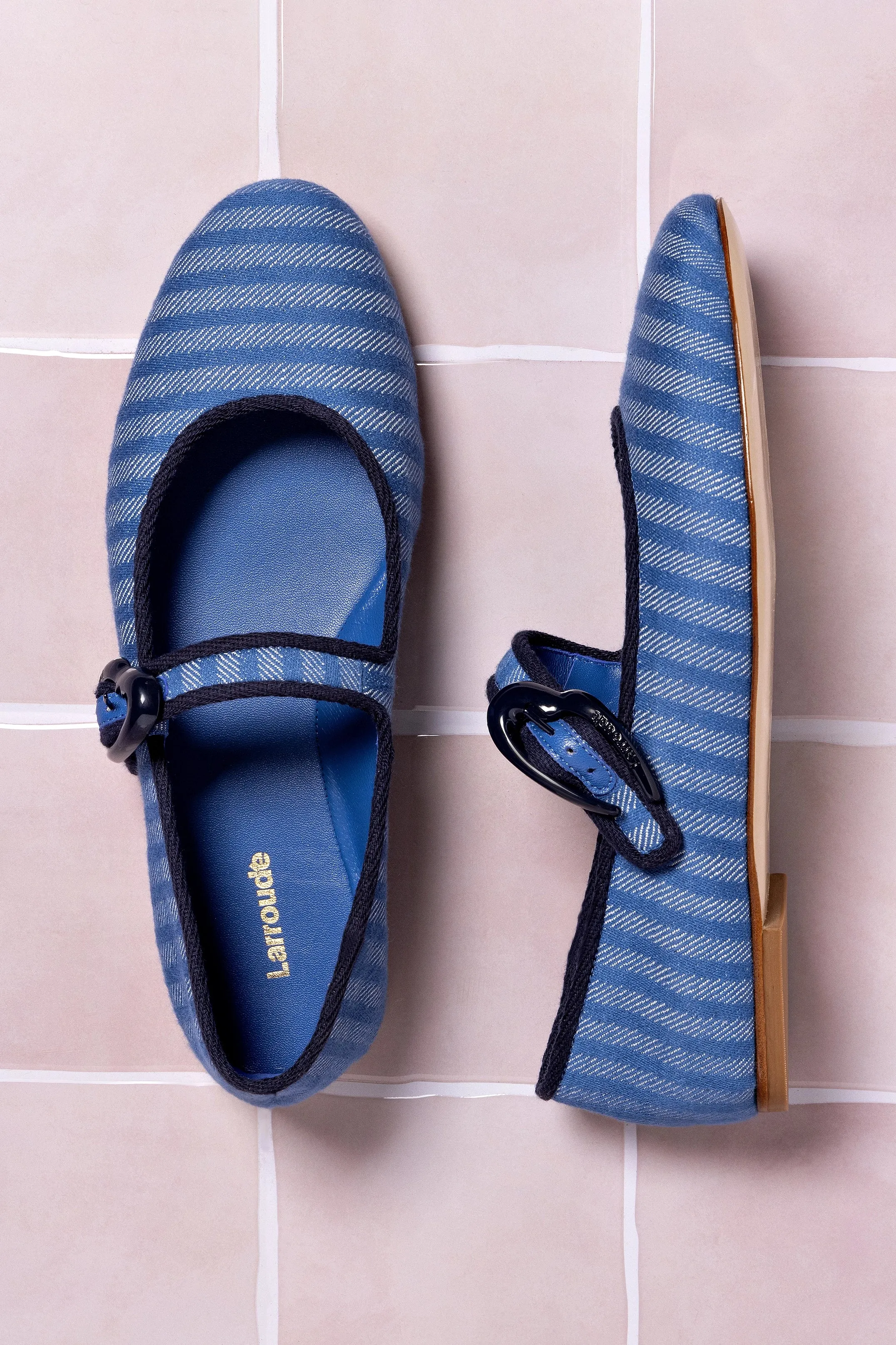 Verona Ballet Flat In Egyptian Blue Striped Fabric and Navy Trimming