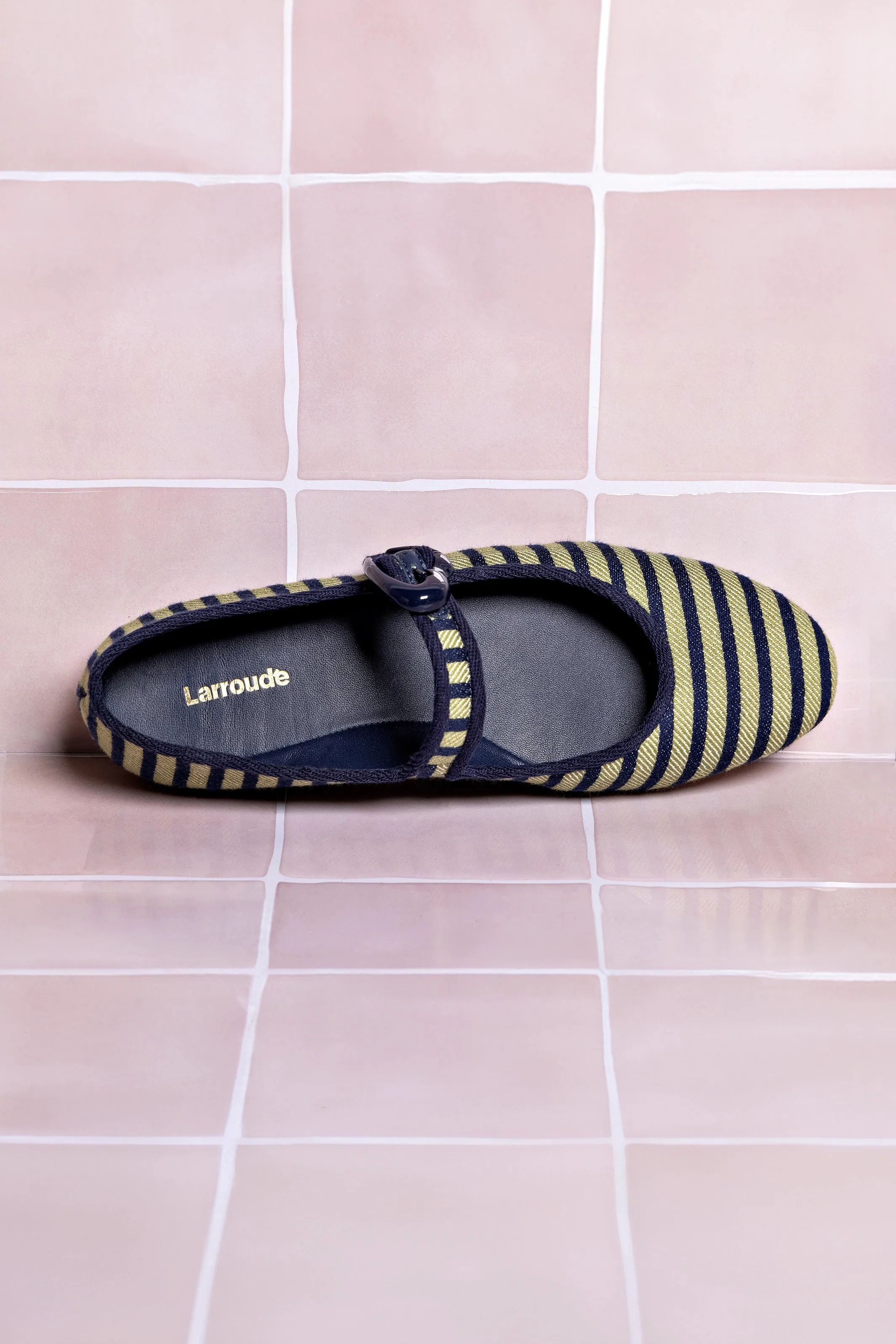 Verona Ballet Flat In Navy and Green Striped Fabric and Navy Trimming
