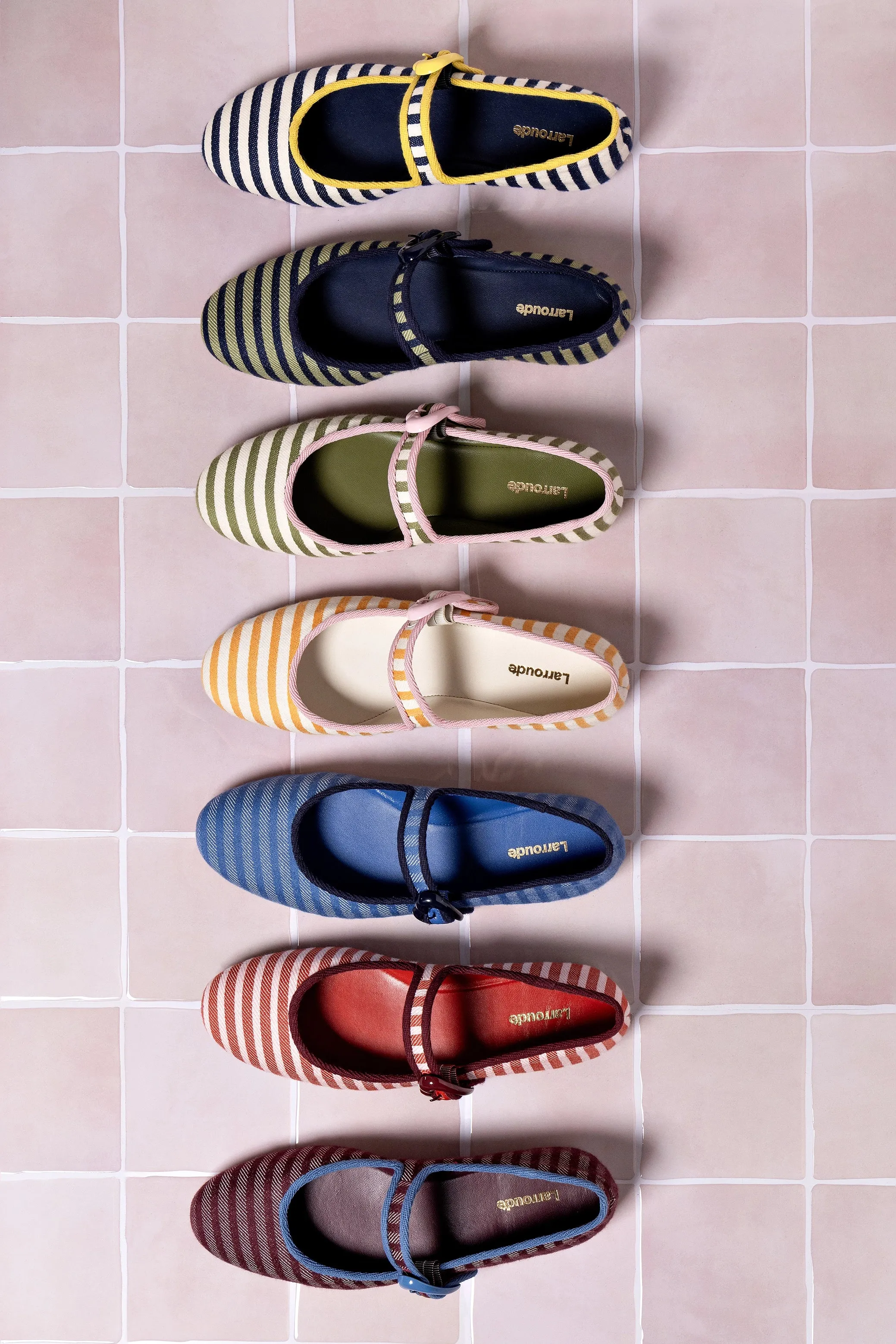 Verona Ballet Flat In Navy and Green Striped Fabric and Navy Trimming