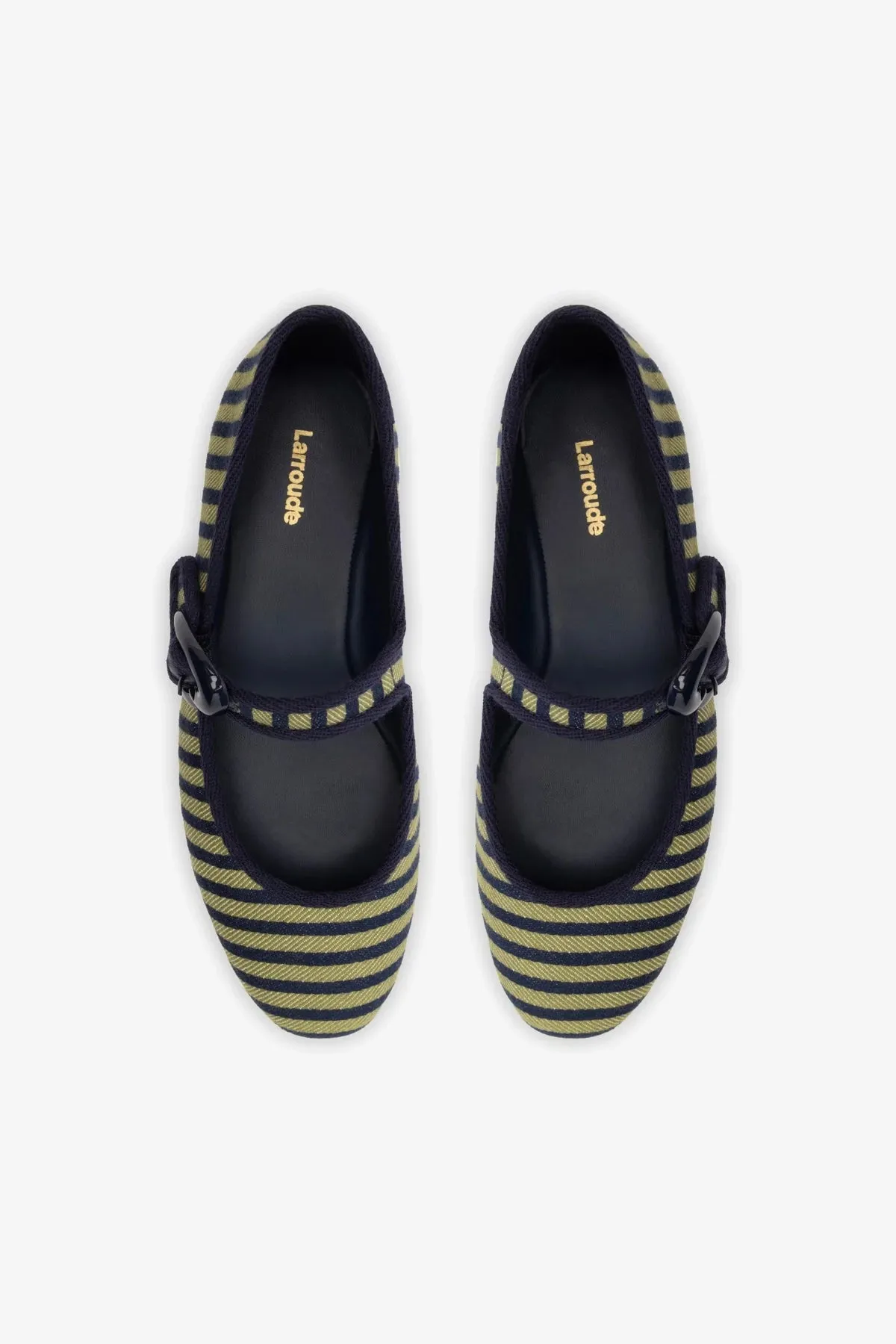 Verona Ballet Flat In Navy and Green Striped Fabric and Navy Trimming