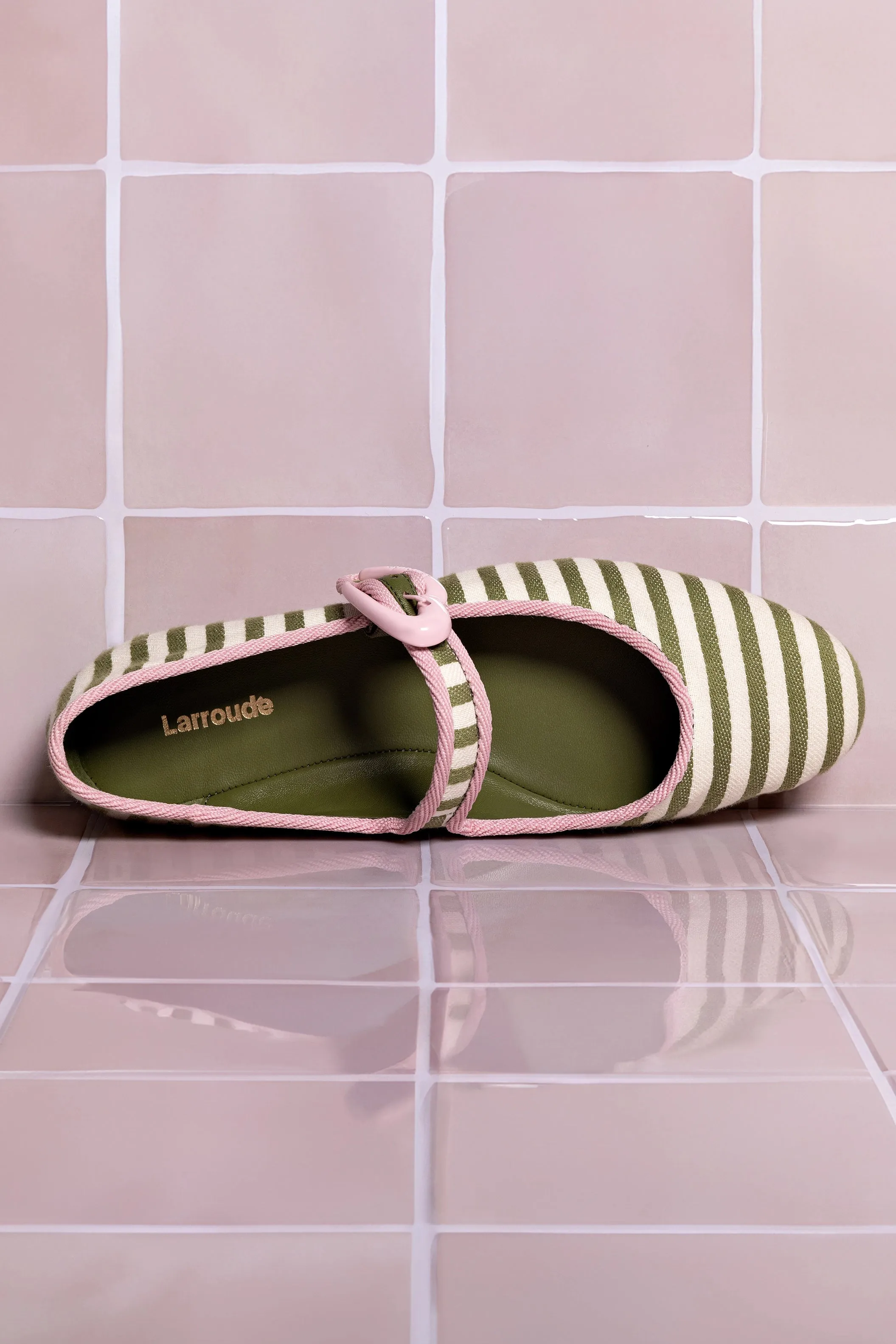 Verona Ballet Flat In Seaweed and Natural Striped Fabric and Tulip Trimming