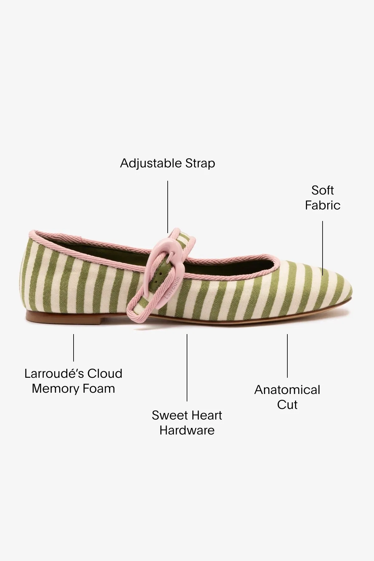 Verona Ballet Flat In Seaweed and Natural Striped Fabric and Tulip Trimming
